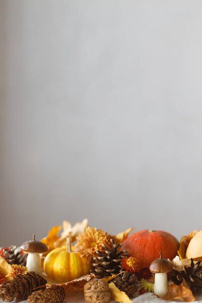 Happy Thanksgiving Autumn Still Life Pumpkins Fall Leaves Flowers Berries Royalty Free Stock Photos
