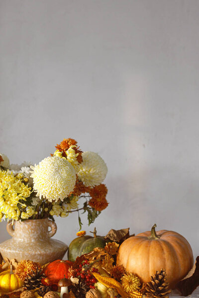 Happy Thanksgiving Autumn Still Life Pumpkins Chrysanthemum Vase Fall Leaves Stock Picture