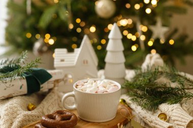 Noel arkaplanı. Şekerlemeli ve kurabiyeli sıcak çikolata, noel süsleri ve hediye, rahat örülmüş süveter ve ışıklarla süslü ağaçlara karşı köknar dalları. Kış ikilisi