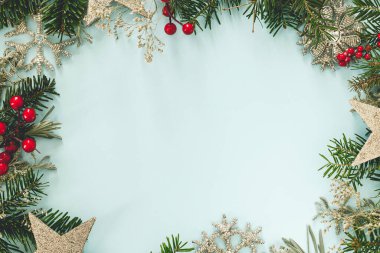 Şık bir Noel çerçeve düzlüğü. Yeşil köknar dalları, kırmızı böğürtlen ve parlak süsler açık mavi arkaplanda. Yazı için yeri olan modern noel çerçevesi. Sezonun tebrik kartı.