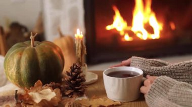 Sıcak bir sonbahar. Elleri sıcak çay ve balkabağı fincanı, sonbahar yaprakları sıcak şöminenin arka planında. Sonbahar kızlık zarı görüntüsü. Şükran Günü ve Cadılar Bayramı.