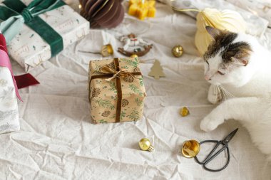 Şirin kedi şık bir Noel hediyesinde yatıyor ve modern süslemelerle kırsal masaya kağıt örtüyor. Mutlu Noeller! Evcil hayvanlar ve kış tatilleri