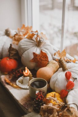Sıcak çay, balkabağı, sonbahar yaprakları, mum ve pencere pervazında yün atkı. Sonbahar kızarıklığı hala hayattadır. Mutlu Şükran Günleri Merhaba sonbahar