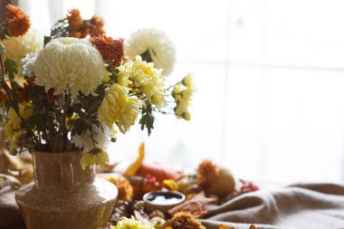 Vazoda kasımpatı, bir fincan çay, balkabağı, yapraklar, böğürtlen ve kozalaklar oturma odasındaki masada. Sonbahar sıcacık hayatı. Sonbahar afişi, mesaj için boşluk. Şükran Günü arması.