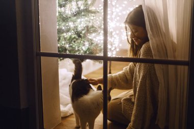 Hoş süveter giymiş güzel bir kadın, arka planda, Noel ağacı ışıklarıyla güzel bir kedi okşuyor. Evde atmosferik Noel arifesi. Mutlu Noeller.!