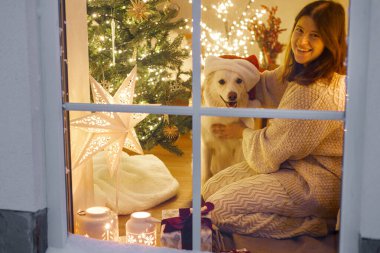 Mutlu Noeller! Oturma odasının camında sata şapkalı şirin bir köpekle Noel ışıkları ve hediyelerle oturan mutlu bir kadın. Evde atmosferik Noel arifesi. Tatil büyülü sahnesi