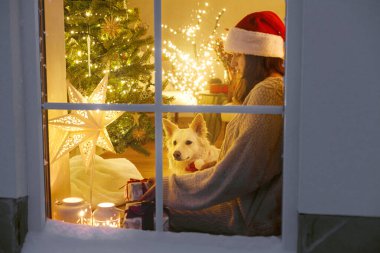 Mutlu Noeller! Hoş süveter ve Noel Baba şapkalı mutlu bir kadın oturma odasının penceresinde Noel ışıkları ve hediyeleri olan sevimli bir köpekle oturuyor. Evde atmosferik Noel arifesi. Tatil büyülü sahnesi