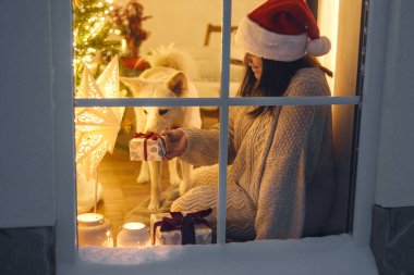 Noel Baba şapkalı mutlu bir kadın. Karlı penceresinde şirin bir köpekle oturuyor. İçinde Noel ağacı ışıkları ve hediyeler var. Evde atmosferik Noel arifesi. Mutlu Noeller.!