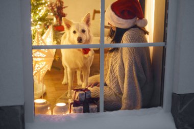 Noel Baba şapkalı mutlu bir kadın. Karlı penceresinde şirin bir köpekle oturuyor. İçinde Noel ağacı ışıkları ve hediyeler var. Evde atmosferik Noel arifesi. Mutlu Noeller.!