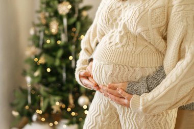 Mutlu hamile noel ailesi Noel süslemeli ağaçta el ele tutuşup göbeğini kucaklıyor. Çiftler arası bağ. Tatillerde hamilelik, büyülü neşeli zamanlar.