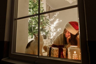 Noel Baba şapkalı mutlu kadın ve penceresinde şık hediyeli şirin kedi ve ışıklandırmalı yılbaşı ağacının arka planında parlayan fener. Evde atmosferik Noel arifesi. Tatil sahnesi
