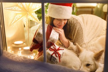Mutlu Noeller! Noel Baba şapkalı, şık bir Noel hediyesiyle oturan mutlu bir kadın ve Noel ağacı ışıklarıyla şenlik odasının içinde karlı pencerede duran sevimli bir köpek. Evde atmosferik Noel arifesi