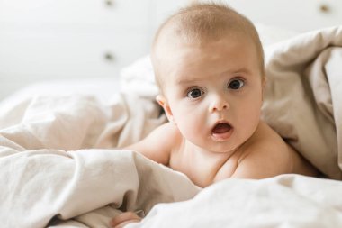 Sabahın köründe bej çarşaflarda yatan sevimli bir bebek. Uyku ya da uyanma zamanı. Yatakta mutlu bebek portresi, mesaj için yer. Çocuk uykusu ve çocuk bakımı