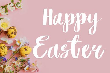 Paskalya tebrik kartı. Mutlu Paskalya metinleri ve Paskalya tarzı yumurtalar ve çiçek açan bahar çiçekleri pembe arka planda yatıyordu.