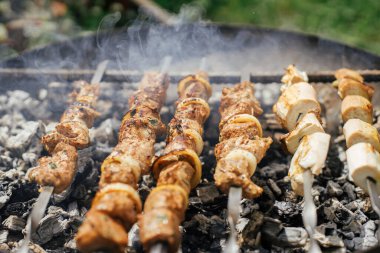 Yakından ateş çukurunda pişen lezzetli kebap. Modern şömine çukurunda et ve sebze ızgarası. Açık havada yaz pikniği. 4 Temmuz