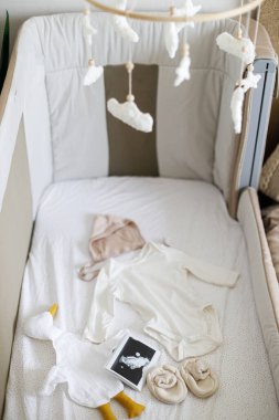 Hamilelik ve bebek için hazırlanmak. Modern bebek beşiği şık bebek kıyafetleri, oyuncak, cep telefonu, ultrason resmi. Hazırlık ve çocuk odası hazırlığı.