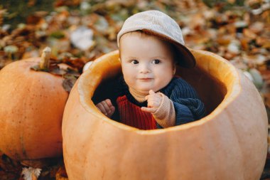 Sonbahar bahçesinde balkabağı ve yapraklarla büyük bir balkabağının içinde oturan tatlı erkek bebek. Mutlu Şükran Günleri ve Mutlu Cadılar Bayramı. Küçük tatlı çocuk rahat süveter ve sonbahar balkabakları içinde