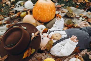 Balkabaklarıyla, şapkasıyla ve yapraklarıyla sonbahar bahçesinde battaniyeye uzanmış tatlı bir erkek bebek. Mutlu Şükran Günleri ve Mutlu Cadılar Bayramı. Tatlı küçük çocuk rahat bir ekoseyle rahatlıyor