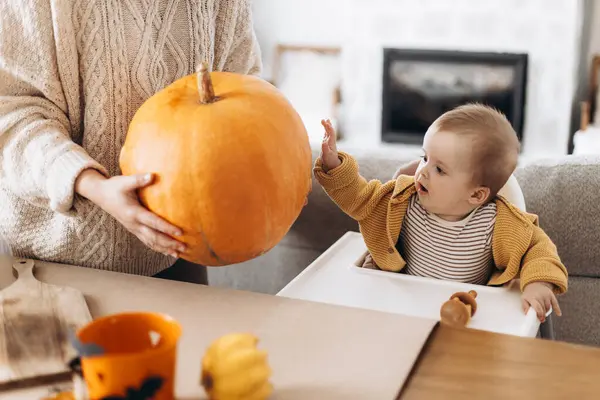 Mutlu anne ve tatlı oğlu, masasında hayaletler, örümcekler ve yarasalarla balkabağı tutuyor. Cadılar Bayramı için balkabağı oyma, balkabağı feneri yapma. Cadılar Bayramı hazırlığı