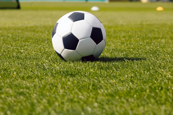芝生の上で古典的なサッカーボール レトロな古典的なサッカーボールのサイドビュー スポーツサッカーの背景画像 — ストック写真
