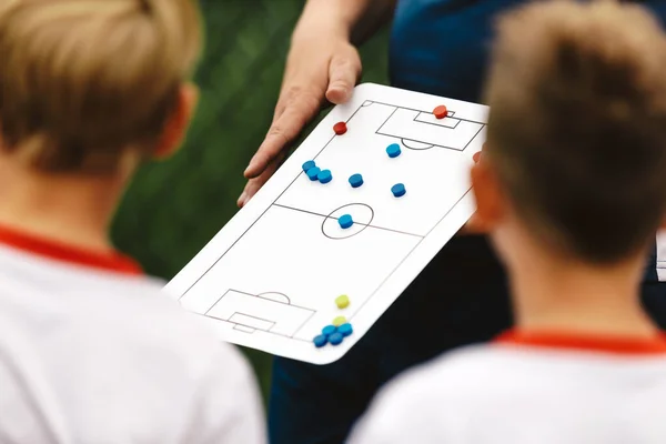 Soccer Coach Holding Tactics Board Football Tactics Board Strategy in Soccer. Coaching Kids Soccer. Football Team with Coach at the Stadiu