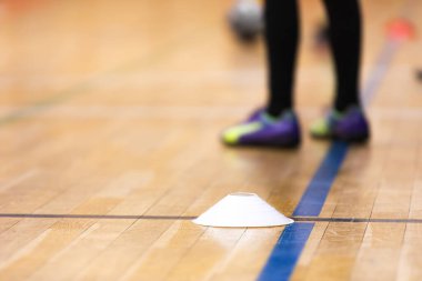 Spor Salonunda Spor Eğitiminde Okul Çocukları. Gençler için Beden Eğitimi Eğitim Ekipmanı. Mavi Çizgideki Beyaz Eğitim Konisi