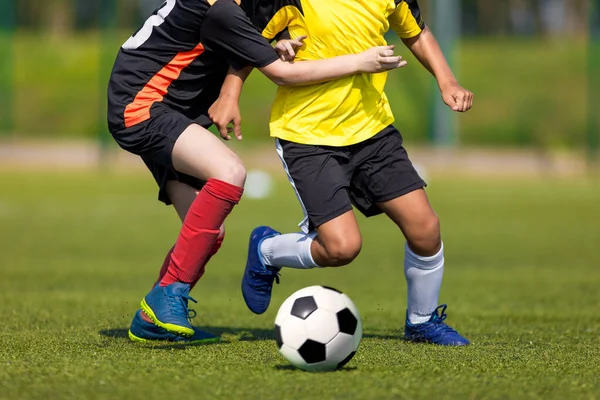 Two Soccer Players Running Kicking Soccer Ball Legs Two Young — Stock Photo, Image