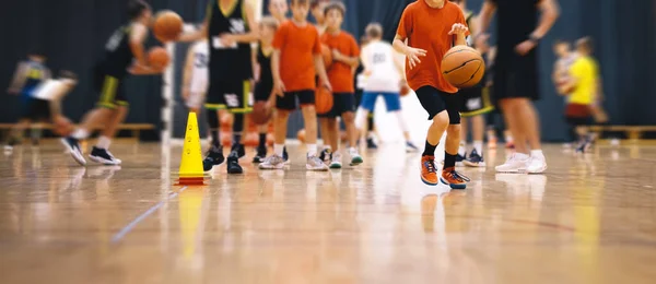 Дети Баскетбольной Тренировке Группа Школьников Занимается Баскетболом Молодым Тренером Дети — стоковое фото