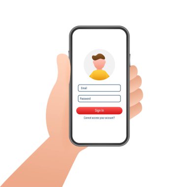 Hesap, kullanıcı yetkilendirmesi, giriş doğrulama sayfası konseptini imzalayın. Ekranda giriş ve parola formatlı akıllı telefon. Vektör stok illüstrasyonu.