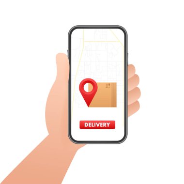 Teslimat Sitesi Afişi. Teslimat servisi uygulaması. Düz biçim vektör illüstrasyonu.