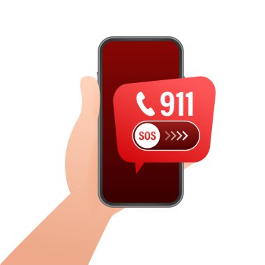 911 akıllı telefonu düz stil. Simge vektörünü ara. El ele tutuşan akıllı telefon. İlk yardım. Parmak dokunuşu ekranı. Vektör stok illüstrasyonu