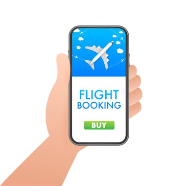 Uçak biletleri online, uçuş rezervasyonu. İnternetten bilet almak ya da ayırtmak. Seyahat, dünya çapında iş uçuşları. Vektör illüstrasyonu