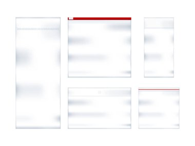 Gerçekçi plastik poşet koleksiyonu. Vektör stok illüstrasyonu.