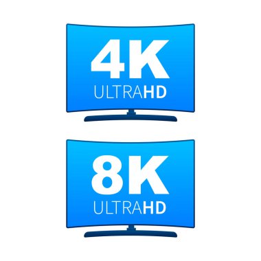 4K ve 8K Ultra HD etiketi. Yüksek teknoloji. LED televizyon ekranı. Vektör illüstrasyonu