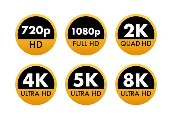 stock vector Video dimension labels. Video resolution 720, 1080, 2k, 4k, 8k badges. Quality design element. Vector stock illustration