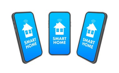 Akıllı ev konsepti. Akıllı sistemler ve teknoloji akıllı telefon ekranında. Vektör stok illüstrasyonu