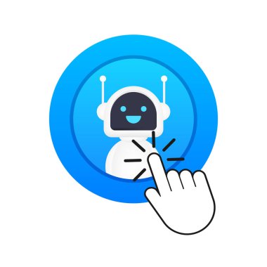 Chat Bot Using Laptop Computer, Robot Virtual Assistance Of Website Or Mobile Applications. Voice support service bot. Online support bot. Click button. Vector illustration