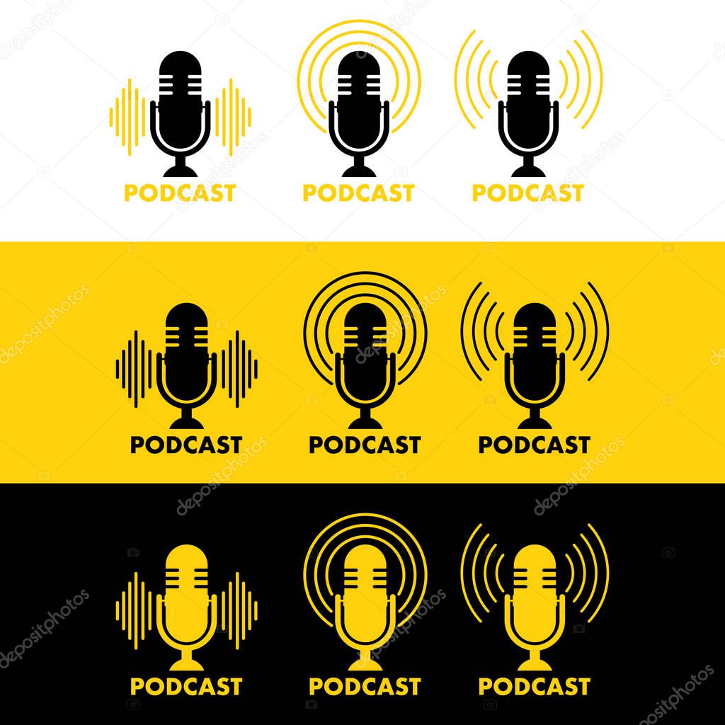 Podcast radio icon, label. Studio microphone, broadcast. Creative podcast Vector stock illustration
