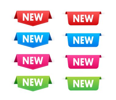 Yeni etiketler. Yeni Gelen mağaza ürün etiketleri için çıkartmalar. Vektör stok illüstrasyonu