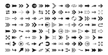 Oklar büyük siyah set simgeleri. Ok simgesi. Web tasarımı, mobil uygulamalar, arayüz ve daha fazlası için oklar. Vektör stok illüstrasyonu