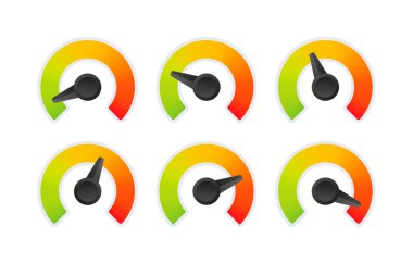 Müşteri memnuniyeti ölçer. Kırmızıdan yeşile farklı duygular. Takometre, hız göstergesi, göstergeler ve puanın soyut konsept grafik öğesi. Vektör stok illüstrasyonu