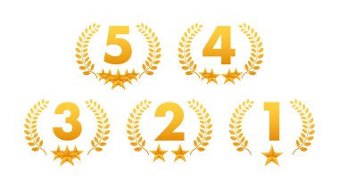 5 yıldız puanı. Beyaz arkaplanda simgeler olan bir rozet. Vektör illüstrasyonu