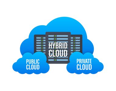 Hybrid network. Private cloud and public cloud. Vector stock illustration