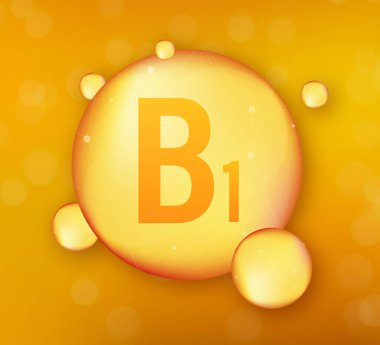 Vitamin B1 gold shining icon. Ascorbic acid. Vector stock illustration.