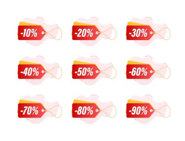 Satış etiketleri. Özel indirim etiketi 10, 10, 20, 30, 40, 50, 60, 70, 80, 90% indirim. İndirimli terfi. Vektör illüstrasyonu