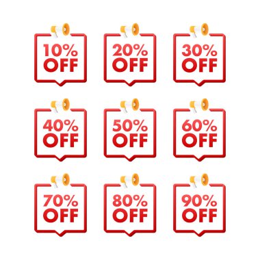 Satış etiketleri. Özel indirim etiketi 10, 10, 20, 30, 40, 50, 60, 70, 80, 90% indirim. İndirimli terfi. Vektör illüstrasyonu