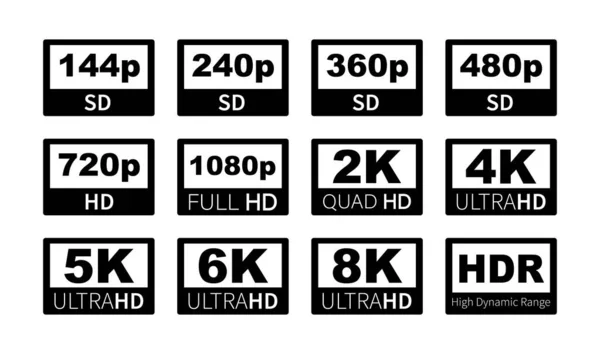 Ετικέτες Ανάλυσης Βίντεο 360 720P 1080P Hdr Εικονογράφηση Διανύσματος — Διανυσματικό Αρχείο