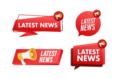 En son haberlerle birlikte megafon etiketi ayarlandı. El reklamında megafon. Pazarlama ve reklam. Vektör illüstrasyonu