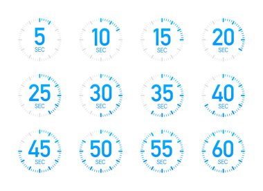 Zamanlayıcı, kronometre simgeleri 10 20 30 40 50 saniye. 60 saniye. Yemek zamanı. Vektör illüstrasyonu