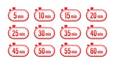 Zamanlayıcı, kronometre simgeleri 10, 20, 30, 40, 50, 60 dakika. Yemek zamanı. Vektör illüstrasyonu